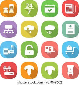 flat vector icon set - coin stack vector, 24 7, calendar, newspaper, structure, cloud service, wireless, recipe, mall, unlock, trailer, baggage trolley, router, mushroom, hive