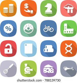 flat vector icon set - coin stack vector, investment, chess horse, factory filter, percent, donut, bike, mansion, unlocked, cutting board, pipes, dna, whisk, water pump, cheese, blower