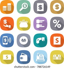 flat vector icon set - coin stack vector, dollar magnifier, receipt, investment, purse, diagram, percent, phone pay, crypto currency, hand, wallet, cashbox, money