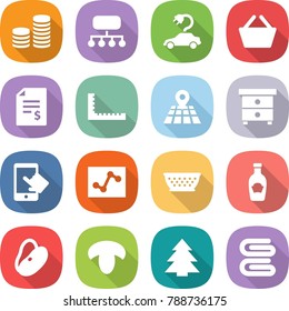 flat vector icon set - coin stack vector, structure, electric car, basket, account balance, ruler, map, nightstand, touchscreen, analytics, colander, ketchup, beans, mushroom, spruce, towel