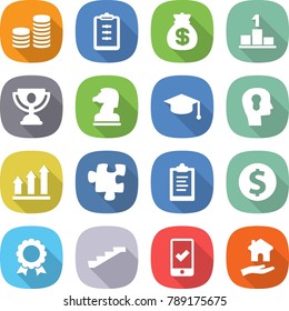 flat vector icon set - coin stack vector, clipboard, money bag, pedestal, trophy, chess horse, graduate hat, bulb head, graph up, puzzle, dollar, medal, stairs, mobile checking, housing