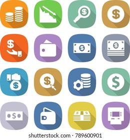 flat vector icon set - coin stack vector, crisis, dollar magnifier, investment, wallet, money, gift, arrow, virtual mining, atm