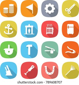 flat vector icon set - coin stack vector, flag, gear, surgical clamp, anchor, detector, radiator, fridge, ladle, hammer, garlic clasp, walnut crack, knife holder, blender, horseshoe, rake
