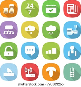 flat vector icon set - coin stack vector, 24 7, calendar, newspaper, structure, cloud service, wireless, mall, unlock, sms, sorting, workman, shark flipper, router, mushroom, spike