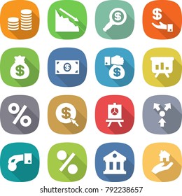 flat vector icon set - coin stack vector, crisis, dollar magnifier, investment, money bag, gift, presentation, percent, arrow, core splitting, hand, library, real estate