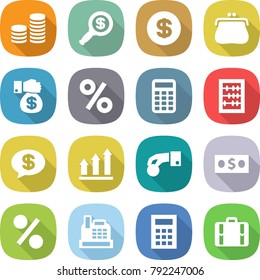 flat vector icon set - coin stack vector, dollar magnifier, purse, money gift, percent, calculator, abacus, message, graph up, hand, cashbox, suitcase