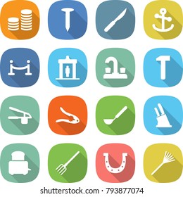 flat vector icon set - coin stack vector, nail, scalpel, anchor, vip fence, detector, water tap, hammer, garlic clasp, walnut crack, ladle, knife holder, toaster, fork, horseshoe, rake