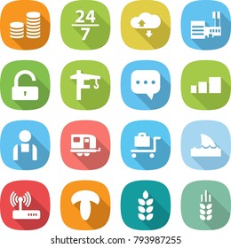 flat vector icon set - coin stack vector, 24 7, cloud service, mall, unlock, tower crane, sms, sorting, workman, trailer, baggage trolley, shark flipper, router, mushroom, spike