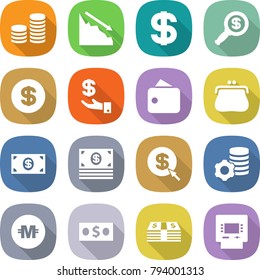 flat vector icon set - coin stack vector, crisis, dollar, magnifier, investment, wallet, purse, money, arrow, virtual mining, crypto currency, atm