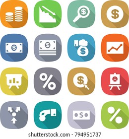 flat vector icon set - coin stack vector, crisis, dollar magnifier, money, gift, statistics, presentation, percent, arrow, core splitting, hand