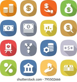 flat vector icon set - coin stack vector, dollar, investment, money bag, presentation, arrow, core splitting, virtual mining, percent, library, real estate