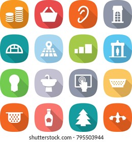 flat vector icon set - coin stack vector, basket, ear, building, greenhouse, map, sorting, detector, bulb, sink, touchscreen, colander, ketchup, spruce, hard reach place cleaning