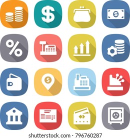 flat vector icon set - coin stack vector, dollar, purse, money, percent, cashbox, graph up, virtual mining, wallet, pin, library, invoice, credit card, safe