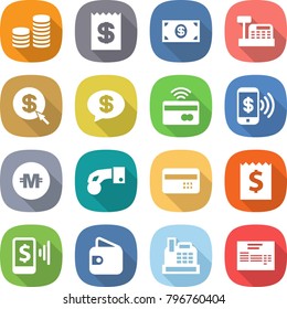 flat vector icon set - coin stack vector, receipt, money, cashbox, dollar arrow, message, tap to pay, phone, crypto currency, hand, credit card, mobile, wallet, invoice