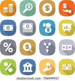 flat vector icon set - coin stack vector, dollar magnifier, investment, money, gift, presentation, percent, arrow, core splitting, library, real estate