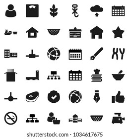 Flat vector icon set - colander vector, cookbook, pasta, steak, pen, university, school building, corner ruler, hierarchy, calendar, scales, cereals, no smoking, port, hook, protected, finger up