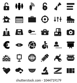 Flat vector icon set - colander vector, spices, pencil, case, microscope, presentation, world, credit card, man, board, calendar, euro sign, measuring, roller Skates, satellite, weight, camera, eye