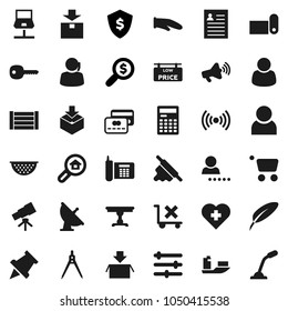 Flat vector icon set - colander vector, cook glove, rolling pin, pen, drawing compass, telescope, calculator, paper, personal information, money search, dollar shield, fitness mat, heart cross, ship