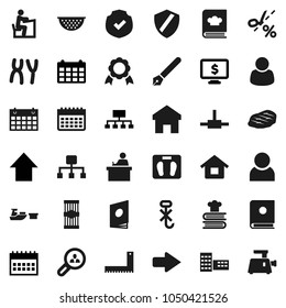 Flat vector icon set - colander vector, cookbook, pasta, steak, pen, school building, corner ruler, student, medal, arrow up, hierarchy, calendar, monitor dollar, scales, port, no hook, protected
