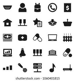 Flat vector icon set - colander vector, skimmer, backpack, bell, music, laptop graph, pills, first aid kit, money, receipt, sorting, server, network, favorites, user, office building, heating, phone