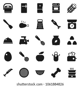 Flat vector icon set - colander vector, apron, skimmer, spatula, grater, oven, blender, sieve, dish, cereal, egg, chicken leg, diet, cereals, bone, fridge, meat grinder, multi cooker, toaster