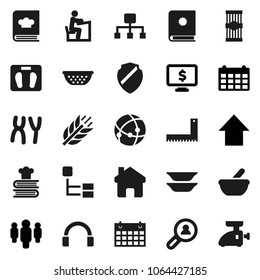 Flat vector icon set - colander vector, cookbook, plates, pasta, corner ruler, student, man, arrow up, calendar, monitor dollar, scales, cereals, headphones, mortar, chromosomes, connection, shield