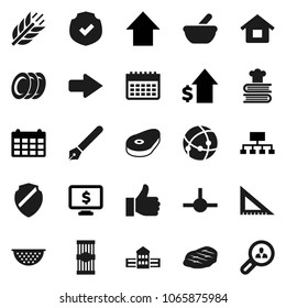 Flat vector icon set - colander vector, cookbook, plates, pasta, steak, pen, school building, corner ruler, dollar growth, arrow up, hierarchy, calendar, monitor, cereals, protected, finger, mortar