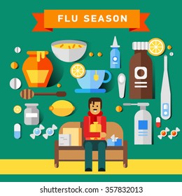 Flat vector icon set of cold and flu season items hot beverage tea mug, lemon fruit, honey jar, cup of chicken soup, aspirin pills, thermometer, cough syrup. Sick man character.