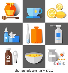 Flat vector icon set of cold and flu season items hot beverage tea mug, lemon fruit, honey jar, cup of chicken soup, aspirin pills, thermometer, cough syrup