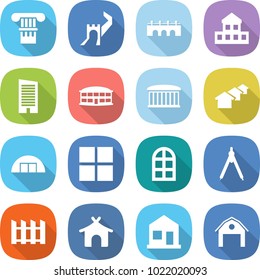 flat vector icon set - column vector, great wall, bridge, cottage, skyscraper, airport building, houses, hangar, window, arch, drawing compasses, fence, bungalow, home, barn