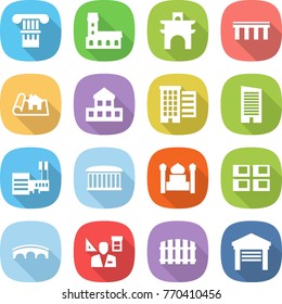 flat vector icon set - column vector, mansion, arch, bridge, project, cottage, houses, skyscraper, mall, airport building, minaret, panel house, architector, fence, garage