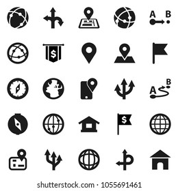 Flat vector icon set - compass vector, world, flag, dollar, route, navigator, earth, map pin, traking, internet, connection, globe, arrow, home
