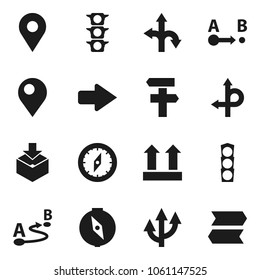 Flat vector icon set - compass vector, route, traffic light, top sign, package, arrow, pin, signpost