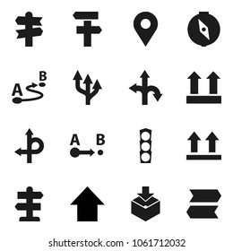 Flat vector icon set - compass vector, arrow up, route, signpost, traffic light, top sign, package, pin