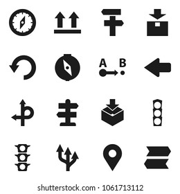 Flat vector icon set - compass vector, route, signpost, traffic light, top sign, package, arrow, undo, pin