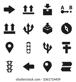 Flat vector icon set - compass vector, traffic light, top sign, package, route, arrow, pin, signpost