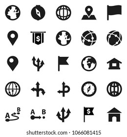 Flat vector icon set - compass vector, world, flag, dollar, route, earth, map pin, internet, connection, globe, arrow, home