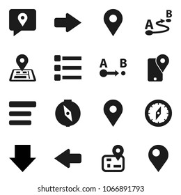Flat vector icon set - compass vector, arrow down, navigator, map pin, traking, route, menu