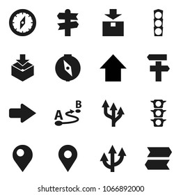 Flat vector icon set - compass vector, arrow up, signpost, traffic light, package, route, pin