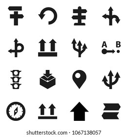 Flat vector icon set - compass vector, arrow up, route, signpost, traffic light, top sign, package, undo, pin