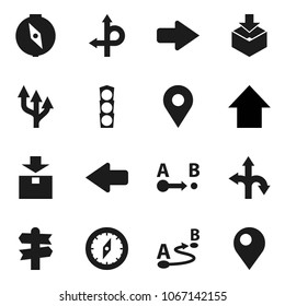 Flat vector icon set - compass vector, arrow up, route, signpost, traffic light, package, pin