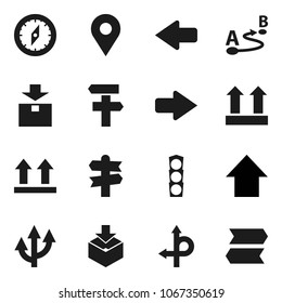 Flat vector icon set - compass vector, arrow up, route, signpost, traffic light, top sign, package, pin