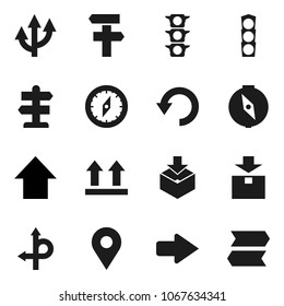 Flat vector icon set - compass vector, arrow up, route, signpost, traffic light, top sign, package, undo, pin
