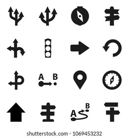 Flat vector icon set - compass vector, arrow up, route, signpost, traffic light, undo, pin