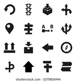 Flat vector icon set - compass vector, arrow up, route, signpost, traffic light, top sign, package, undo, pin