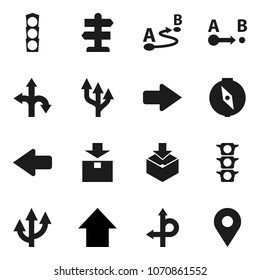 Flat vector icon set - compass vector, arrow up, route, signpost, traffic light, package, pin