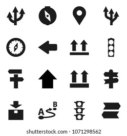 Flat vector icon set - compass vector, arrow up, signpost, traffic light, top sign, package, route, pin