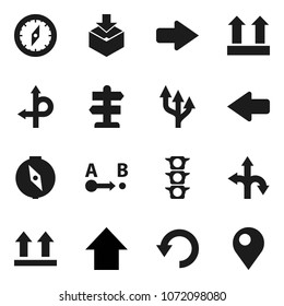 Flat vector icon set - compass vector, arrow up, route, signpost, traffic light, top sign, package, undo, pin