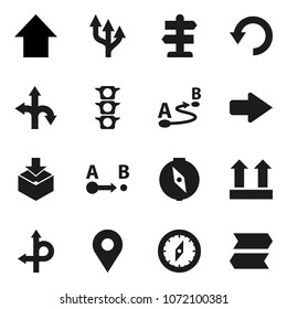 Flat vector icon set - compass vector, arrow up, route, signpost, traffic light, top sign, package, undo, pin