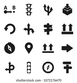 Flat vector icon set - compass vector, route, signpost, traffic light, top sign, package, arrow, undo, pin